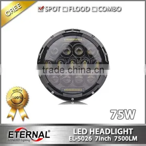 7 Inch 75W Led Headlight for Jeep Wrangler Rubicon off Road With Dual Beam H4 Plug Halo Angel Eyes Ring thumbnail-1