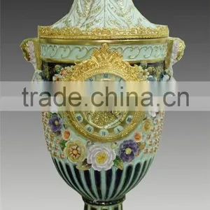 Exquisite Flower and Bird Design Ceramic and Brass Table Clock, Elegant Embedded Urn Jar Table Clock thumbnail-2
