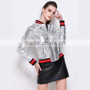 Outerwear Top Autumn High Quality Runway Coats Fashion Stand High Collar Baseball Uniform Silver PU Bomber Jacket Coat thumbnail-1