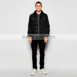 Black Denim Plain Fur Jacket Black Collar Windbreak Overcoat for Men thumbnail-4