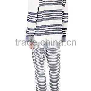 V-neck Side On-seam Pockets Pullover Navy and Orange Mixed-stripe Cotton-blend Hoodies thumbnail-3
