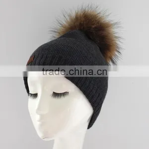 Myfur Newest Fashion Winter Crochet Hats Unisex Wholesale Genuine Raccoon Fur Pompom Beanie Wool Hats thumbnail-1