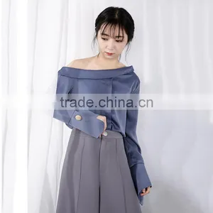 2017 Autumn New Style Chiffon Sexy Collar Diagonal Shoulder Long Sleeve Fashion Blouse Chiffon Shirt thumbnail-3