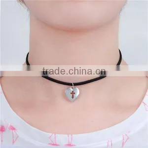Antique Silver Black Heart Cross 33.5cm Long Velvet Suede Halloween Choker Necklace thumbnail-1