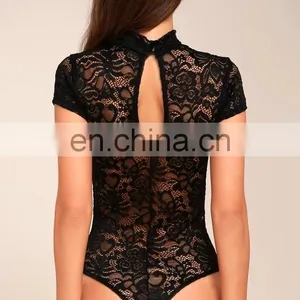 2017 Short Sleeve Black Slimming Lace Bodysuit for Women thumbnail-5