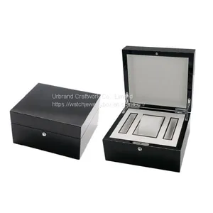 Custom Printing Logo Matte Black Wooden Watch Display Box With Booklet Slot Wooden Engraved Mens Watch Box Case thumbnail-1