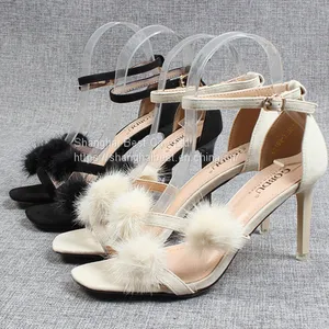 Fashion Fur Ball Hollow Open Toe High Heel Sandals With One Line Buckle and Thin Heel Sandals thumbnail-1