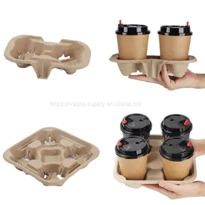 Disposable Take Away 4 Cup Paper Moulded Pulp Cup Tray Cup Carrier Trays thumbnail-1