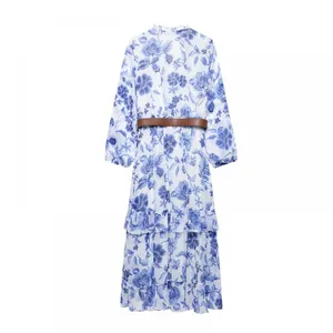 European and American French Style Fashion Belt Printed Midi Dress thumbnail-2