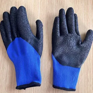 Deep Blue Polyester 7 Gauge Knitted Wrinkled Latex Palm Coated Safety Work Gloves for Workers thumbnail-1