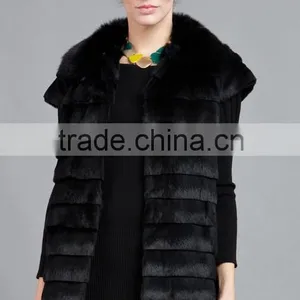 Rex14058 New Style Fashion Women Rabbit Fur Vest Black thumbnail-1