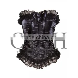 Overbust Steel Boned Corset in Black Satin With Ruffle Ci-1163 thumbnail-1