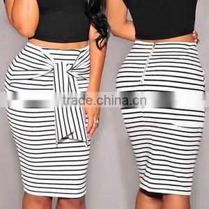 Stylish Ladies Women Sexy High Waist Striped Stretch Bodycon Package Hip Knee Length Skirt thumbnail-1