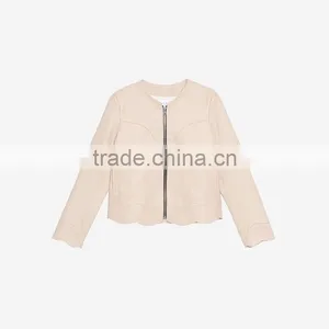2017 Newest Simple Style Round Neck Wavy Hem Short Leather Jacket Women thumbnail-6