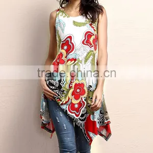 New Summner Women Tops With White And Red Floral Sleeveless Handkerchief Tunic Women Blouse Women Clothes GD90426-14 thumbnail-1