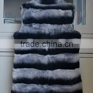 YR247 Genuine Rex Rabbit Chinchilla Dyed Fur Waistcoat Long Fur Gilet thumbnail-4