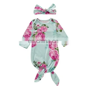 Soft Cotton Baby Sleeping Bag With Hairband Set Floral Print Baby Knotted Gown thumbnail-1