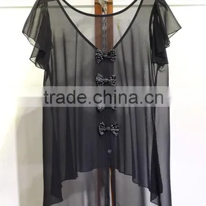 Women's Black Chiffon Blouse With Lotus Leaf Sleeves and Cute Bowknots thumbnail-1