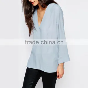 Blue Colour Lady Chiffon Blouse Sexy v Neck Tops for Women 2016 Wholeale thumbnail-3