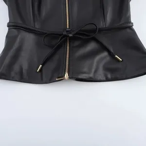 European and American Style Spring New Short Skirt Style Hem With Waist Cinching Imitation PU Leather Jacket Jacket for Women thumbnail-4