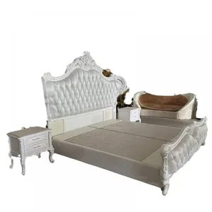 Leather Bed Solid Wood Carved Double Master Bedroom Bed 2 Meters High-end Champagne Gold Furniture Home thumbnail-1