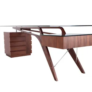 Mid Century Cavour Replica Designer Office Desk Solid Walnut Wood Clear Tempered Glass Top Executive Writing Desk thumbnail-3