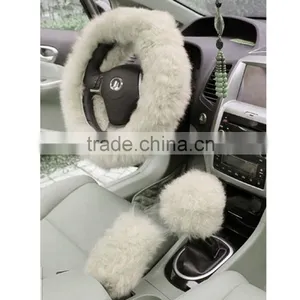 Charm Warm Long Wool Fur Plush Car Steering Wheel Cover Woolen Car Handbrake Accessory thumbnail-2