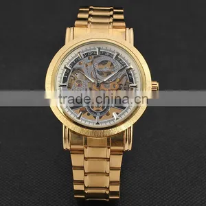 New Fashion Gold Skeleton Watch Men Luury Brand Self Wind Mechanical Wristwatches Male Stainless Steel Analog Clock W125 thumbnail-1