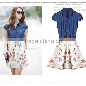 2015 New Arrival New Style Fashion Women Real Comfort Clothing Denim Matching Printing is One-piece Chiffon Dresses East thumbnail-1