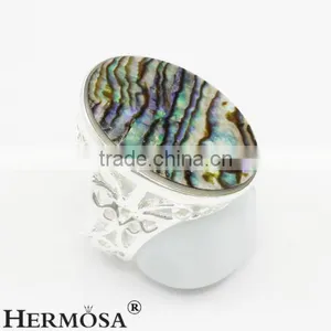 Precious Rainbow Real Abalone Shell 925 Sterling Silver Oval Big Stone Ring thumbnail-2