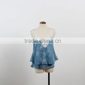 OEM Custom Designs Denim Shirt With Lace Sleeveless Causal Girl Woman Top in Guangzhou thumbnail-1