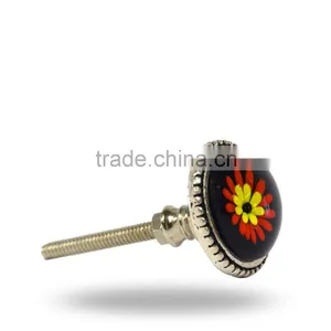 Metal Glass Round Black Knob With Red FLower thumbnail-2