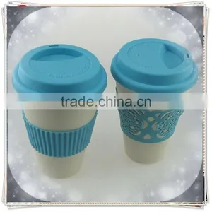 Take Away Coffee Cup Mug With Lid Biodegradable Bamboo Fiber Mug With Silicon Sleeve thumbnail-5