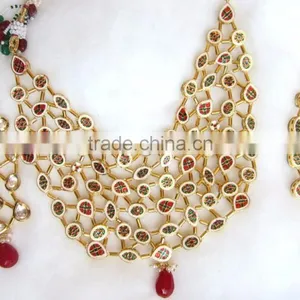 GOLD Kundan Meenakari Necklace Dangler EARRING Set thumbnail-3