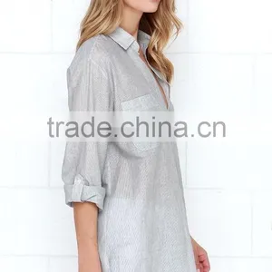 Loose Short Sleeve With Pocket Striped Design Lady Blouse thumbnail-4