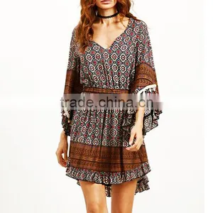 Wholesale Ladies Flare Sleeve Sexy Bohemian Dress Vintage Printed Mini Dresses For Women thumbnail-2