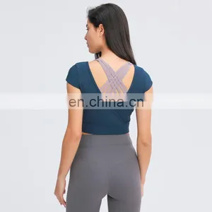Factory Custom Hot Selling V Beauty Back Workout Fitness Short Sleeve Tee Active Gym Ribbed Yoga Crop Tops thumbnail-4