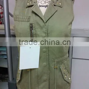 100% Cotton Twill Enzyme Wash Ladies' Casual Sleeveless Vest / Waistcoat With Cotton Lining and Shiny Rivets thumbnail-1