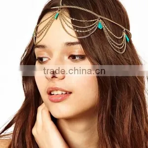 Hot Sale BOHO Gold Tassel Calaite Pendant Crown Wedding Head Chain Jewelry thumbnail-1