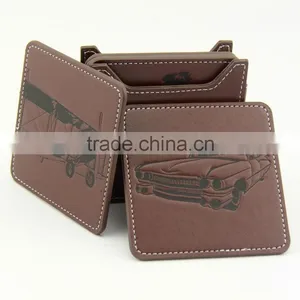 Brown PU Leather Cup Coaster Set With Debossed Logo thumbnail-1