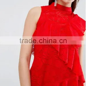 China Women Clothing Manufacturer Red Sexy Lace Ruffle Mini Dress thumbnail-3
