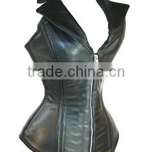 Women 16 Double Steel Bone Leather Fabrics Zippered With Thick Rope Tie Belt Overbust Shaper Corset thumbnail-3