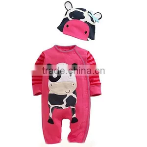 2pcs Autumn Cartoon Animal Pattern Long Sleeve Baby Romper With Hat thumbnail-2