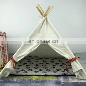 Pet Teepee Tent for Dogs Cats Portable Foldable Cotton Canvas Pets House Bed for Rabbit Puppy 4 Poles Pine Wooden With Floor Whi thumbnail-2