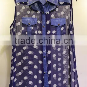 Sleeveless Chiffon Tops With White Polka Dots for Women thumbnail-1