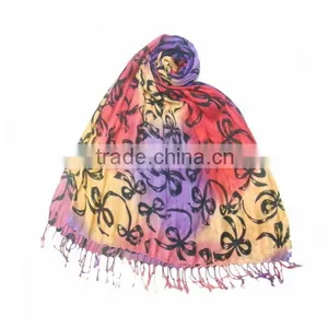 Purple & Red & Yellow Scarf Black Bowknot Printed Tassel Scarf thumbnail-1