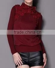 Lady Embroidery Lace Turtle Neck Wool Wholesale Sweater thumbnail-3