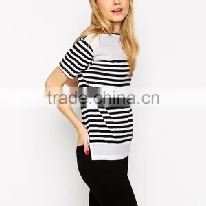 Latest Arrival Slash Neckline Top in Stripe With Woven Panels thumbnail-1