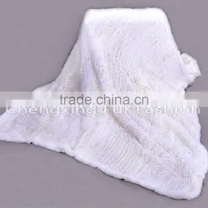 CX-D-95 European Fashion White Knitted Real Rex Rabbit Fur Blanket Area Rug For Living Room thumbnail-1