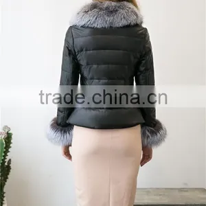 2016 New Women's Winter Fashion Imitation Faux Lether With Soft Faux Fox Fur Long Slim Fit Jacket Coat With Fox Fur Collar thumbnail-4